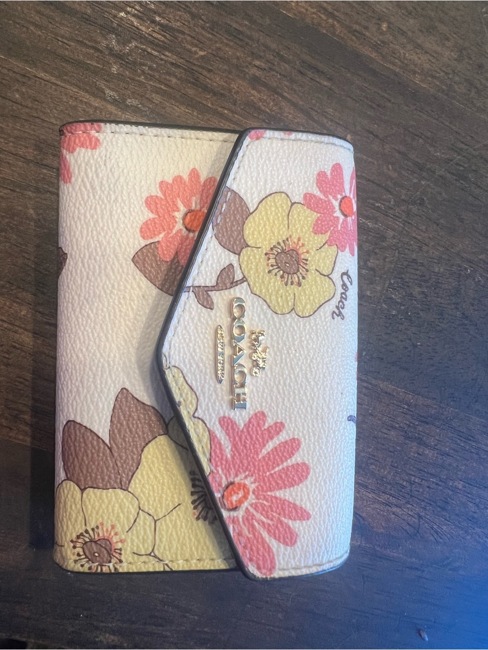 Coach Floral Card & Key Holder - White with Pink, Yellow & Brown Flowers
